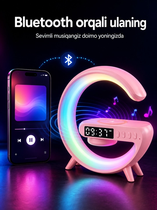 Bluetooth, soat, signal va simsiz quvvatlash bilan RGB tungi karnay