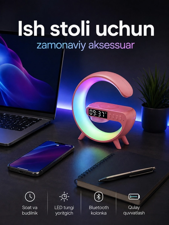 Bluetooth, soat, signal va simsiz quvvatlash bilan RGB tungi karnay