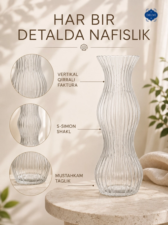 Gullar uchun shaffof shisha vaza, zamonaviy relyefli dizayn, turli o‘lchamlar DILDA 1 dona