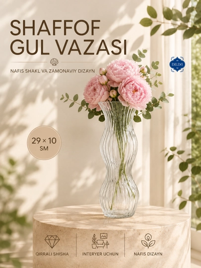 Gullar uchun shaffof shisha vaza, zamonaviy relyefli dizayn, turli o‘lchamlar DILDA 1 dona