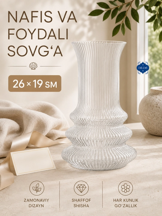Gullar uchun shaffof shisha vaza, zamonaviy relyefli dizayn, turli o‘lchamlar DILDA 1 dona