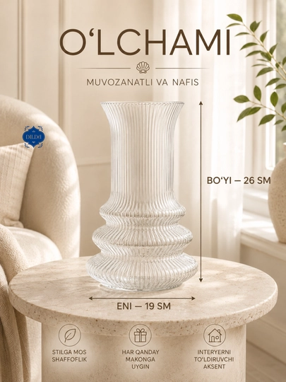 Gullar uchun shaffof shisha vaza, zamonaviy relyefli dizayn, turli o‘lchamlar DILDA 1 dona