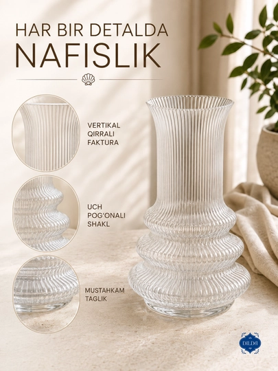 Gullar uchun shaffof shisha vaza, zamonaviy relyefli dizayn, turli o‘lchamlar DILDA 1 dona