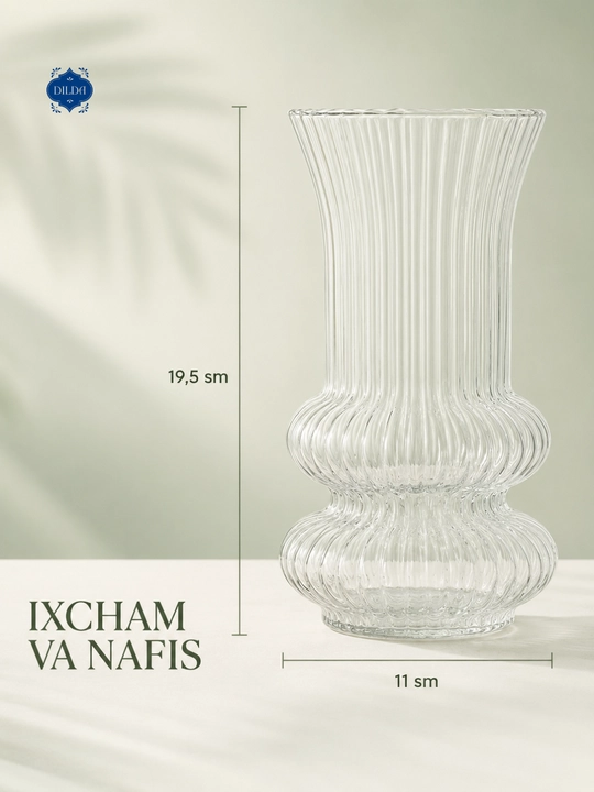 Gullar uchun shaffof shisha vaza, zamonaviy relyefli dizayn, turli o‘lchamlar DILDA 1 dona