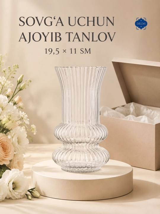 Gullar uchun shaffof shisha vaza, zamonaviy relyefli dizayn, turli o‘lchamlar DILDA 1 dona