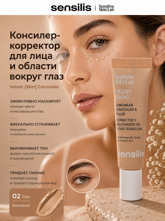 Консилер-корректор для лица Sensilis Velvet Skin Concealer 02 Beige, 7 мл - 