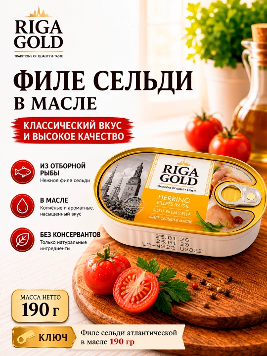 Atlantika seld balig‘i filesi yog‘da, Riga Gold 190 g, kalitli ochiladigan qadoq - 