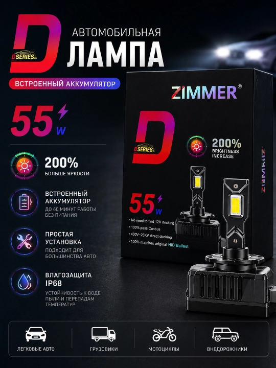 ZIMMER D Series 55W LED avtomobil fara lampalari, 2 dona komplekt - 