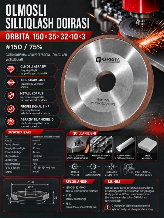 ORBITA olmosli kosasimon silliqlash doirasi 150×35×32×10×3, #150, 75%