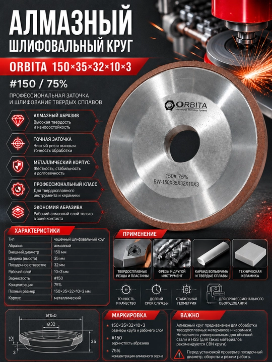 Круг шлифовальный алмазный чашечный ORBITA 150×35×32×10×3, #150, 75% - 