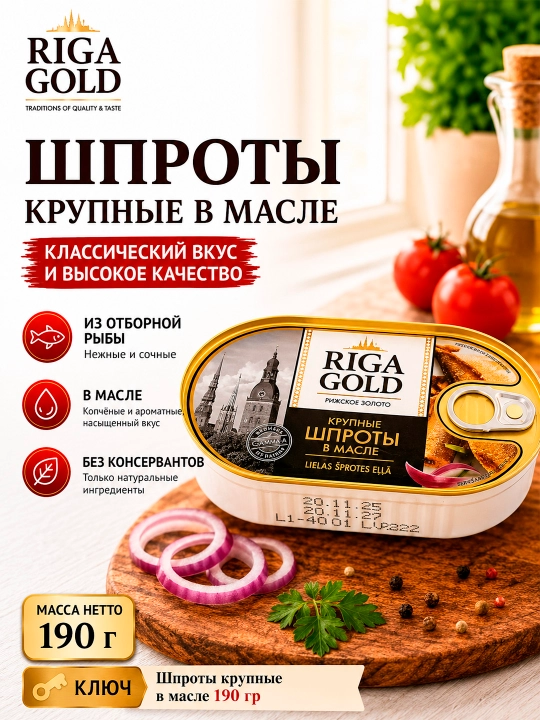 Yirik shprotlar moyda Riga Gold 190 gr kalit - 