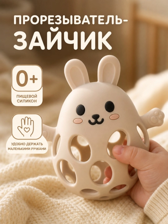 "Zayka" 0+ silikon tish ochgich, kichkintoy uchun kemiruvchi, o‘yinchoq