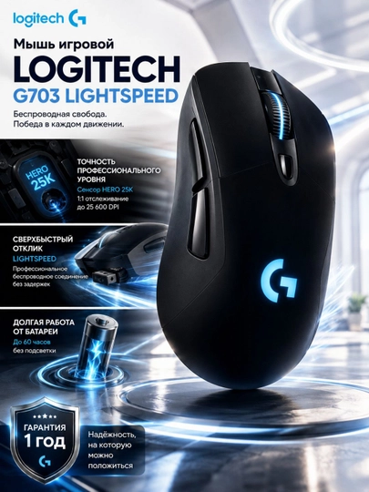 Мышка беспроводная Logitech G703 LIGHTSPEED, игровая, HERO 25K, 25600 DPI, 95 г - 