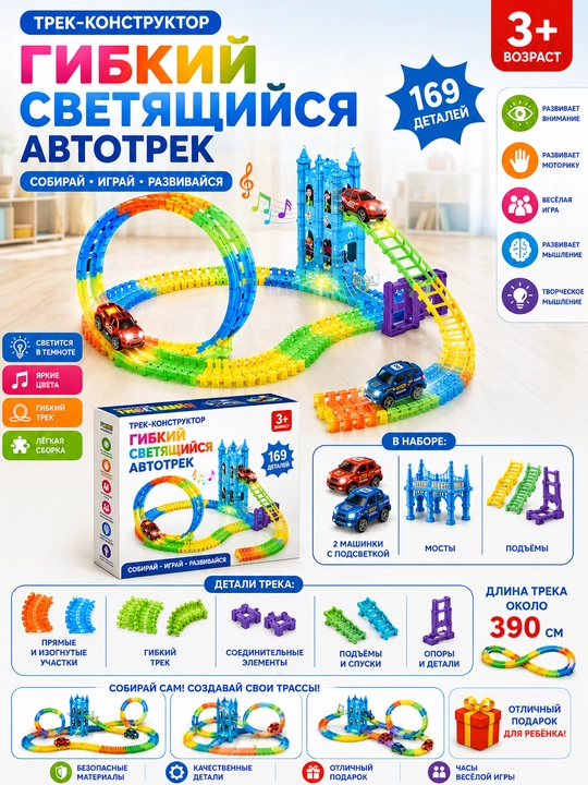 Гибкий светящийся автотрек 169 деталей - 