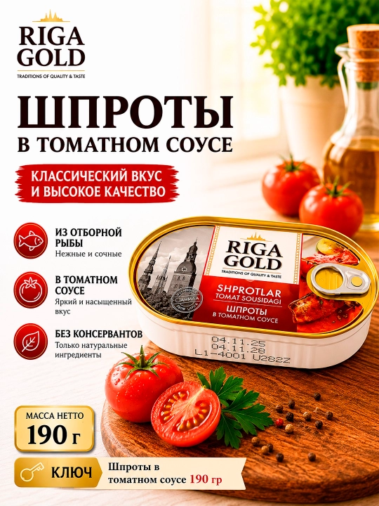 Pomidor sousidagi shprotlar, Riga Gold  190 g, kalitli ochiladigan qadoq - 
