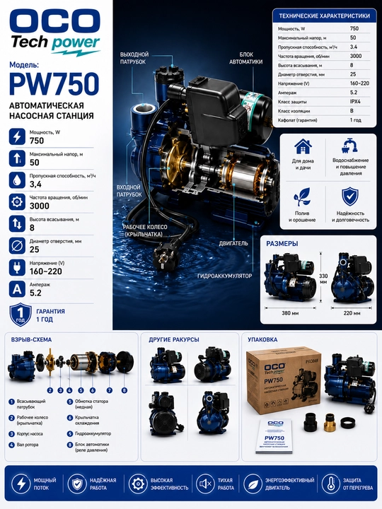 Avtomatik suv nasosi PW 750 100% mis