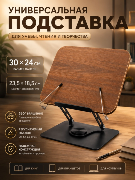 Подставка для книг складная деревянная с поворотом 360° и зажимами для чтения