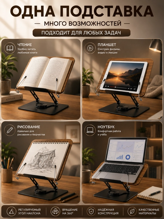 Подставка для книг складная деревянная с поворотом 360° и зажимами для чтения
