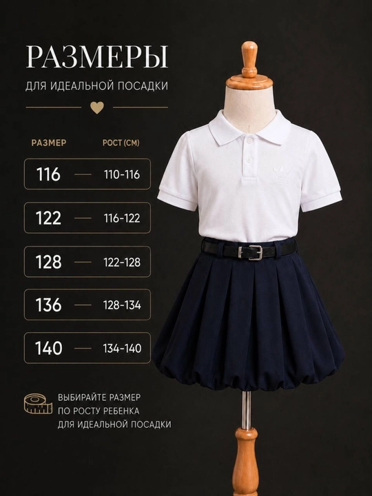 Школьная форма, блузка-поло и юбка с ремнем 7-11 лет, Китай