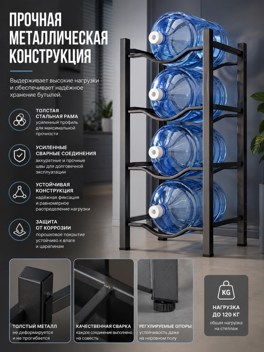 Металлический стеллаж для бутылей с водой, на 3/4/5 мест, черный