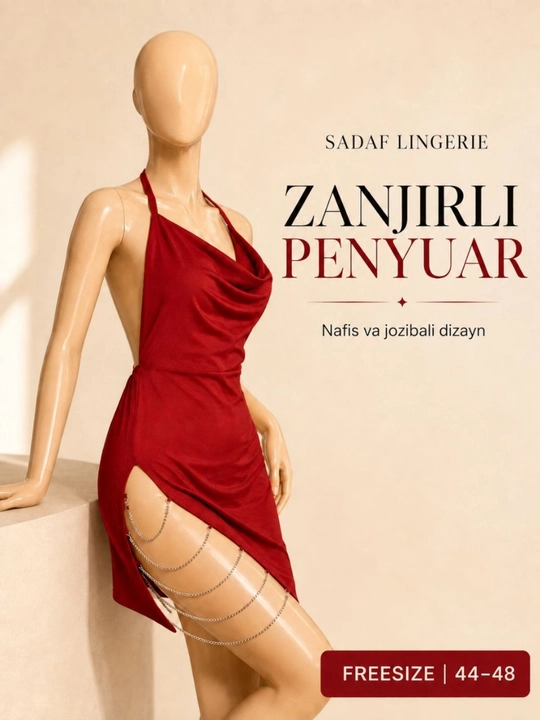 Ayollar uchun zanjirli penyuar, atlas tungi ko‘ylak, ochiq orqa, freesize 44–48 - 