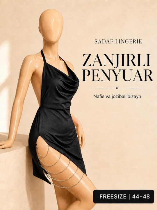 Ayollar uchun zanjirli penyuar, atlas tungi ko‘ylak, ochiq orqa, freesize 44–48 - 
