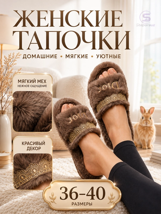 Женские домашние тапочки / женские тапочки для дома / меховые тапочки - 