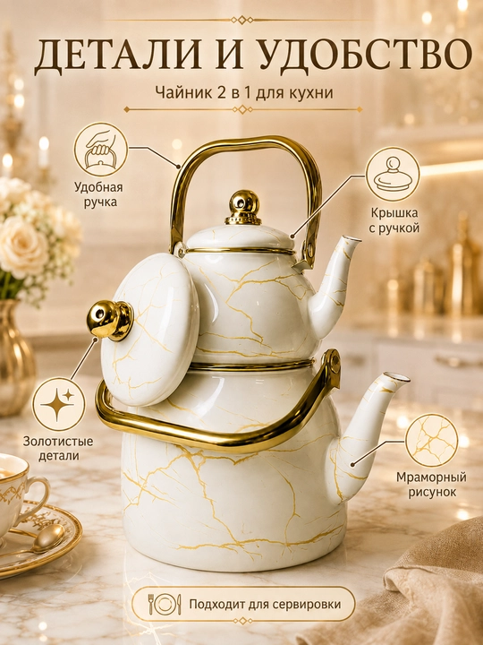2 dona emalli choynak to‘plami 3,3 l + 1 l, qora oltin naqshli, gaz va elektr plita uchun