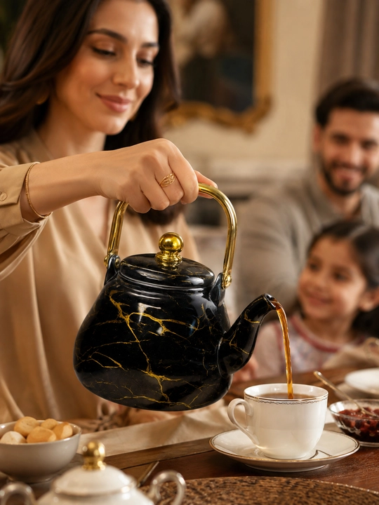 2 dona emalli choynak to‘plami 3,3 l + 1 l, qora oltin naqshli, gaz va elektr plita uchun