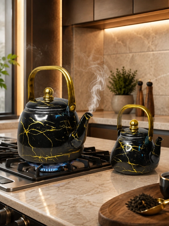 2 dona emalli choynak to‘plami 3,3 l + 1 l, qora oltin naqshli, gaz va elektr plita uchun