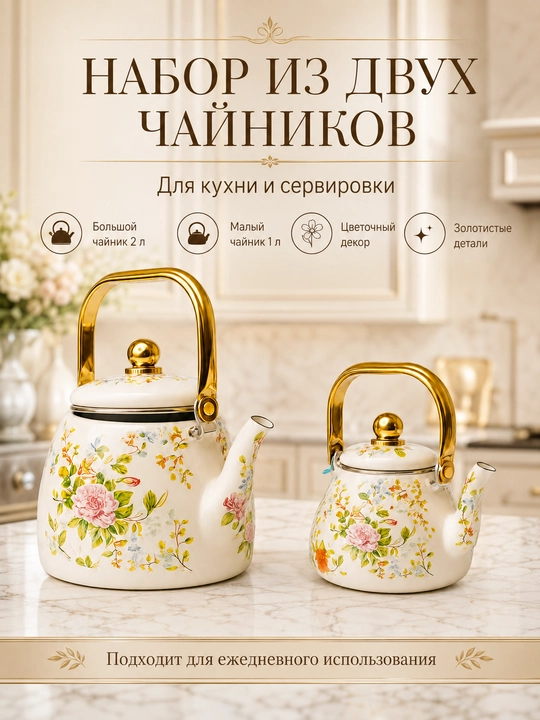 2 dona emalli choynak to‘plami 3,3 l + 1 l, qora oltin naqshli, gaz va elektr plita uchun