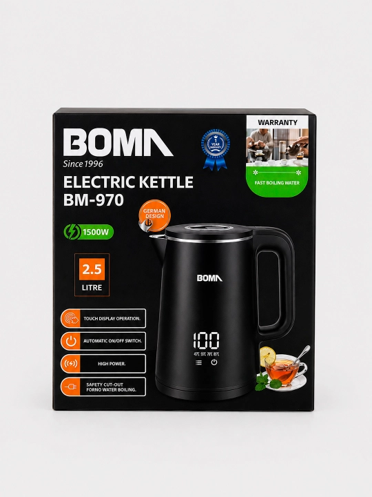 Elektr choynaglar BOMA 1500Vt, shisha, po'lat va sensorli displey 2-2,5 litr, LED va 360°