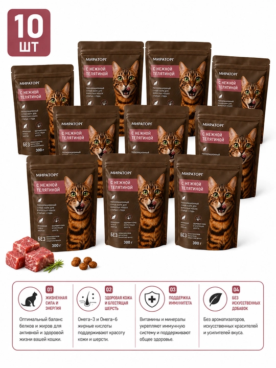 MEAT mushuklar uchun quruq ozuqa, 300 g, 10 dona - 