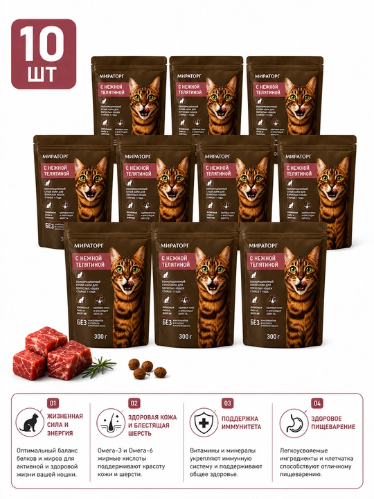MEAT mushuklar uchun quruq ozuqa, 300 g, 10 dona