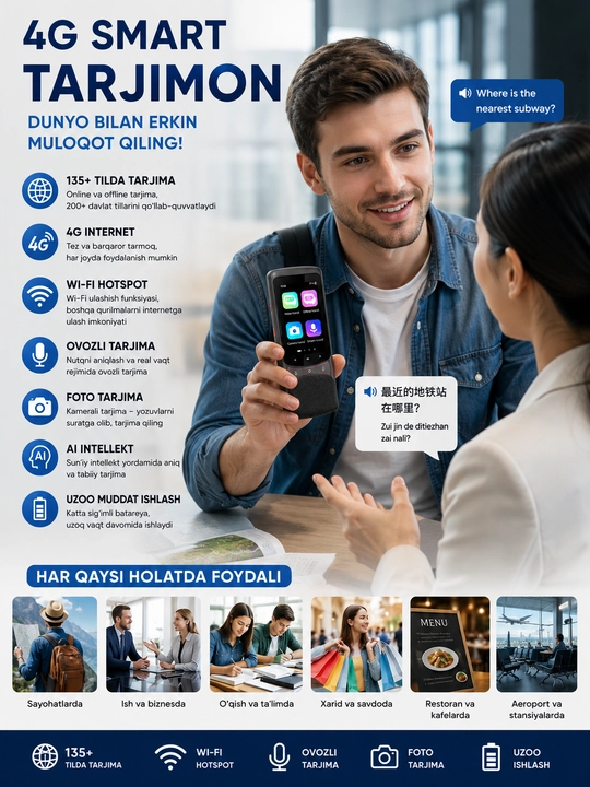 Aqlli tarjimon qurilma Z3 Smart 4G, ovozli va foto tarjimon, Wi-Fi, AI, onlayn tarjima