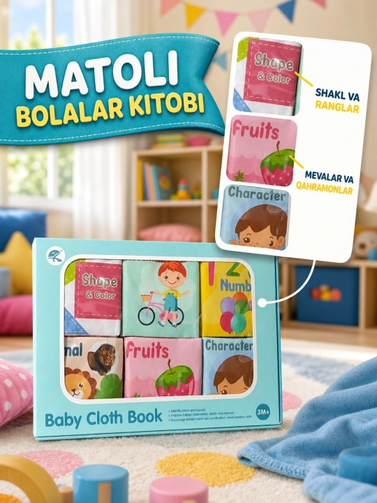 Baby Cloth Book matodan yumshoq rivojlantiruvchi kitobchalar, 3 oydan boshlab