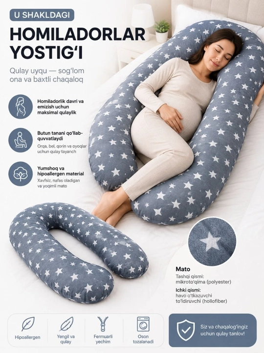 Homiladorlar uchun mo‘ljallangan U shakldagi yostiq uyqu, emizish va dam olish uchun - 