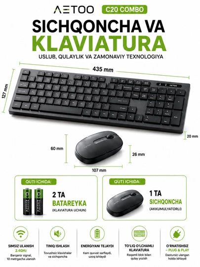 Simsiz klaviatura va sichqoncha to‘plami METOO C20 Combo, Bluetooth + 2.4G