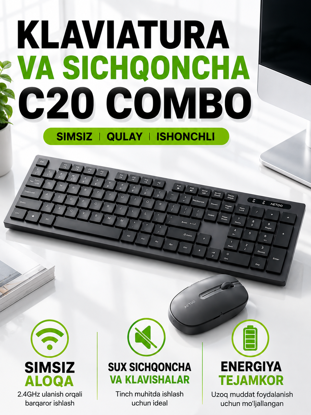 Simsiz klaviatura va sichqoncha to‘plami METOO C20 Combo, Bluetooth + 2.4G - 