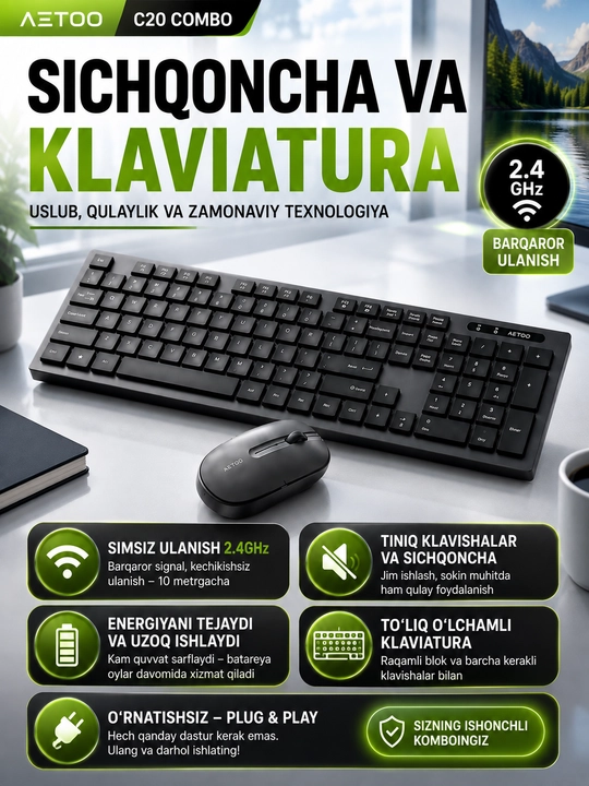 Simsiz klaviatura va sichqoncha to‘plami METOO C20 Combo, Bluetooth + 2.4G