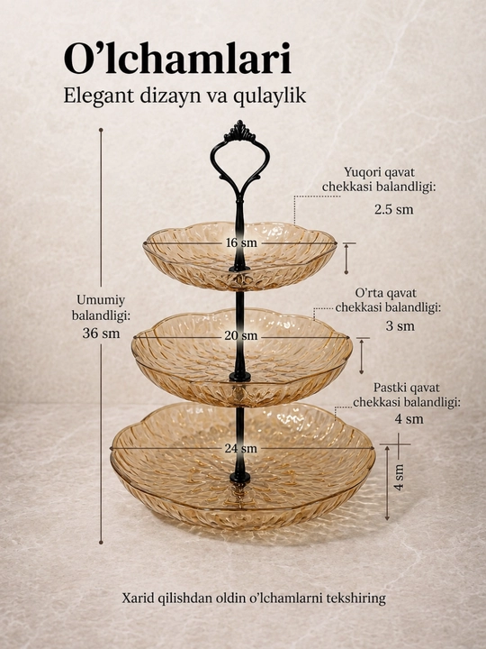 Meva, konfet va desertlar uchun 3 qavatli likopcha, oshxona idishlari, etajerkali idish