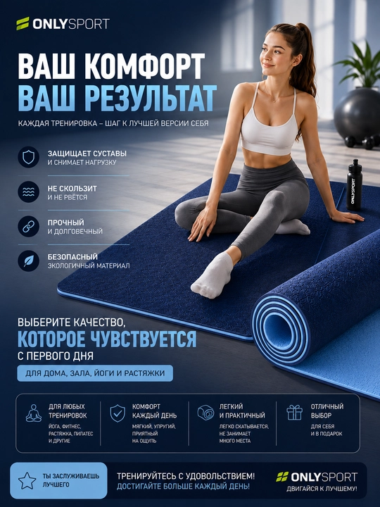 Коврик для йоги и фитнеса, 6 мм, нескользящий, 61×183 см, универсальный