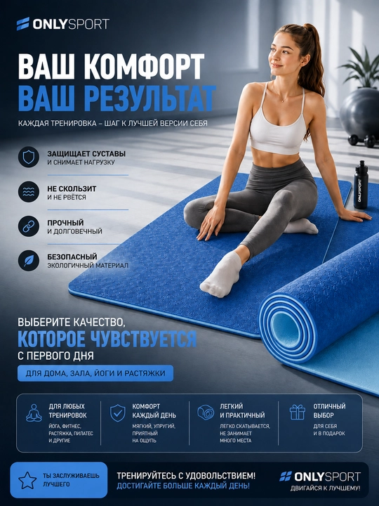 Коврик для йоги и фитнеса, 6 мм, нескользящий, 61×183 см, универсальный