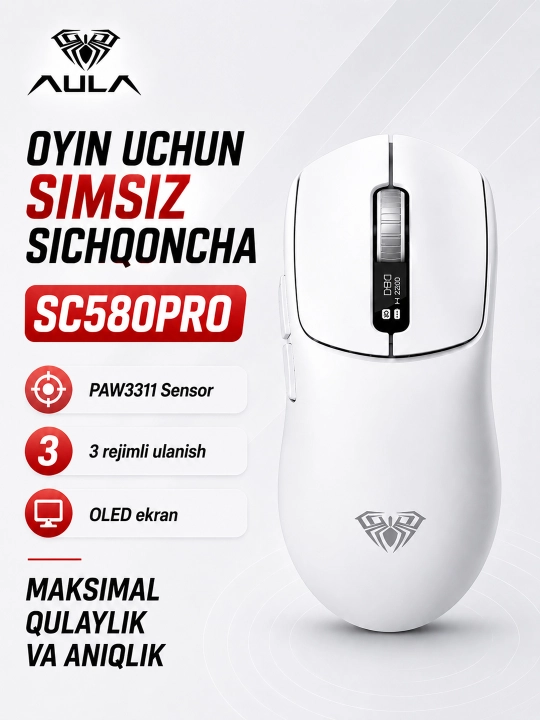 Игровая беспроводная мышь AULA SC580PRO с OLED-дисплеем, 3 режима подключения - 