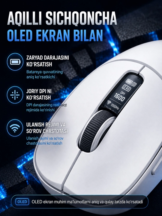 AULA SC580PRO OLED ekranli simsiz o‘yin sichqonchasi, 3 xil ulanish rejimi
