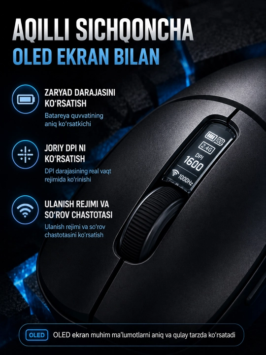 AULA SC580PRO OLED ekranli simsiz o‘yin sichqonchasi, 3 xil ulanish rejimi