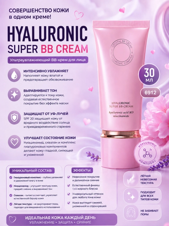 Ультраувлажняющий BB крем для лица SPF 20 с гиалуроновой кислотой и ниацинамидом, 30 мл - 