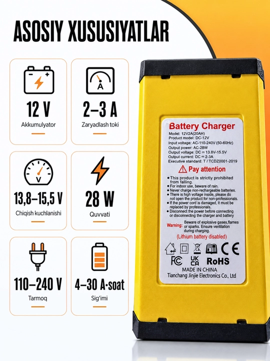 12V - 2А-3A qo‘rg‘oshin-kislotali akkumulyatorlar uchun avtomatik zaryadlash qurilmasi