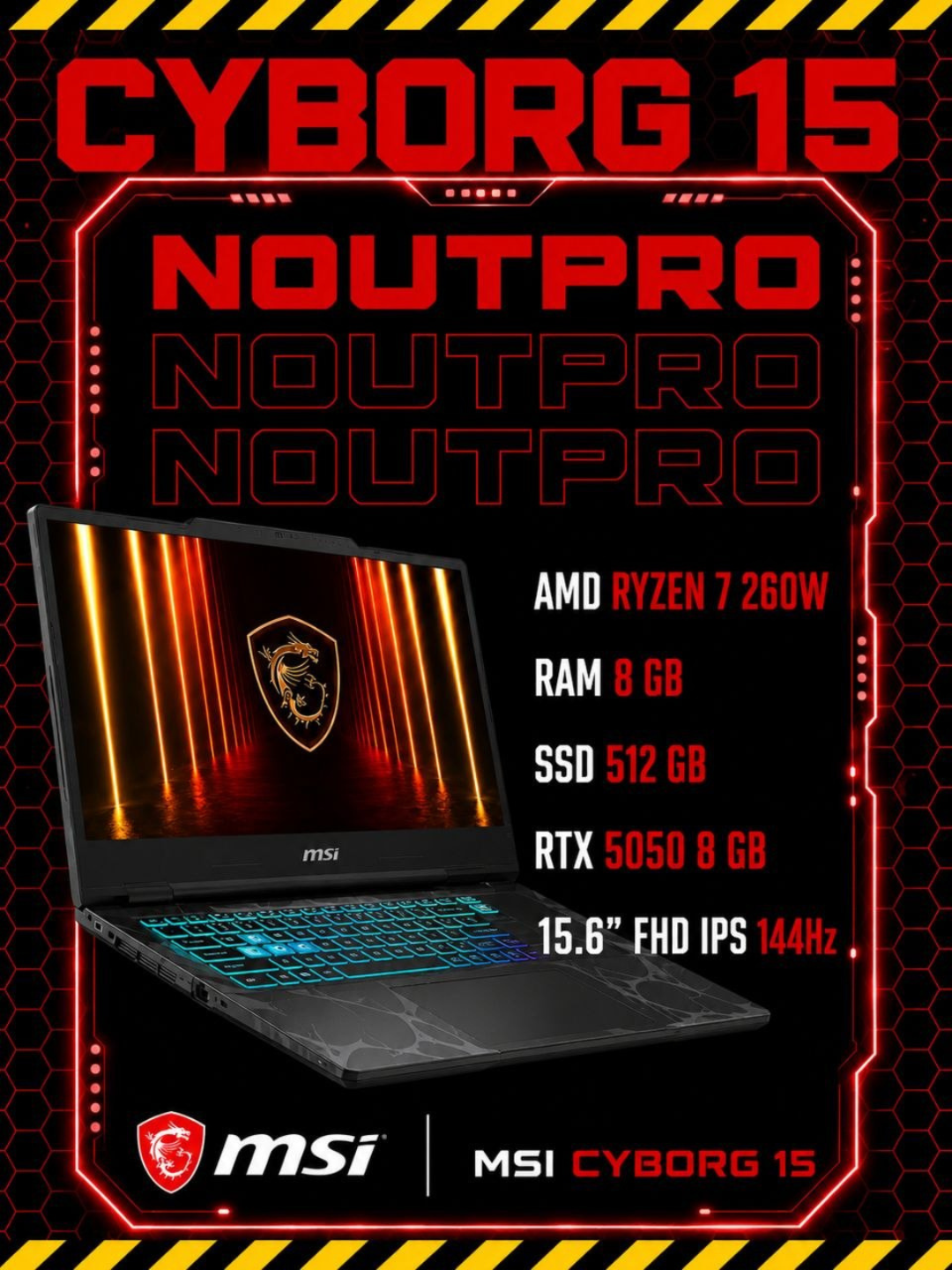 Ноутбук MSI Cyborg AMD Ryzen 7 260W RAM 8GB SSD 512GB RTX 5050 8 GB 15.6" FHD IPS 144Hz - 