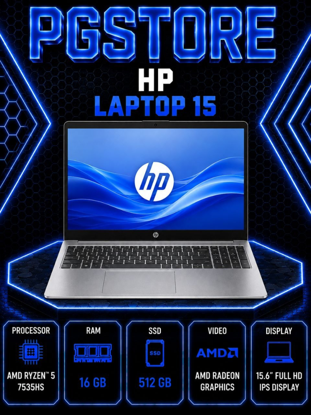 Ноутбук HP Laptop 15 AMD Ryzen™ 5 7535HS RAM 16 GB DDR5 512 GB SSD 15.6″ Full HD IPS - 